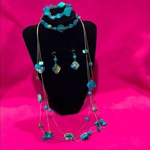 Turquoise blue necklace, 2 bracelets & earring set